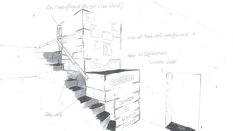 Der erste konzeptionelle Entwurf des Schranks für den Treppenaufgang
